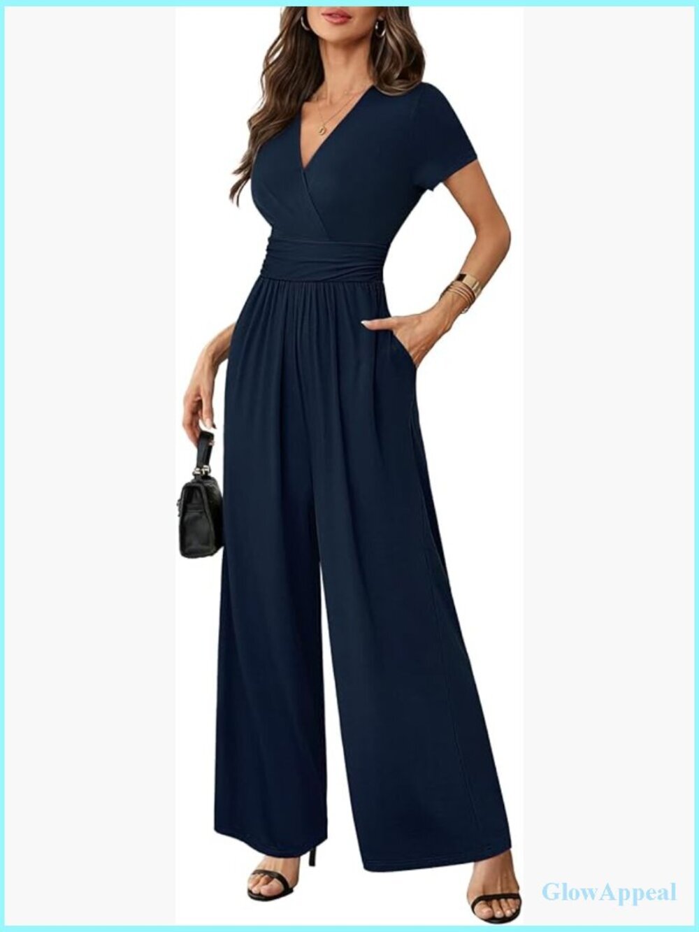 Dressy Casual Jumpsuit with Side Ruched, Short Sleeves, Wide Leg Pants, Pockets